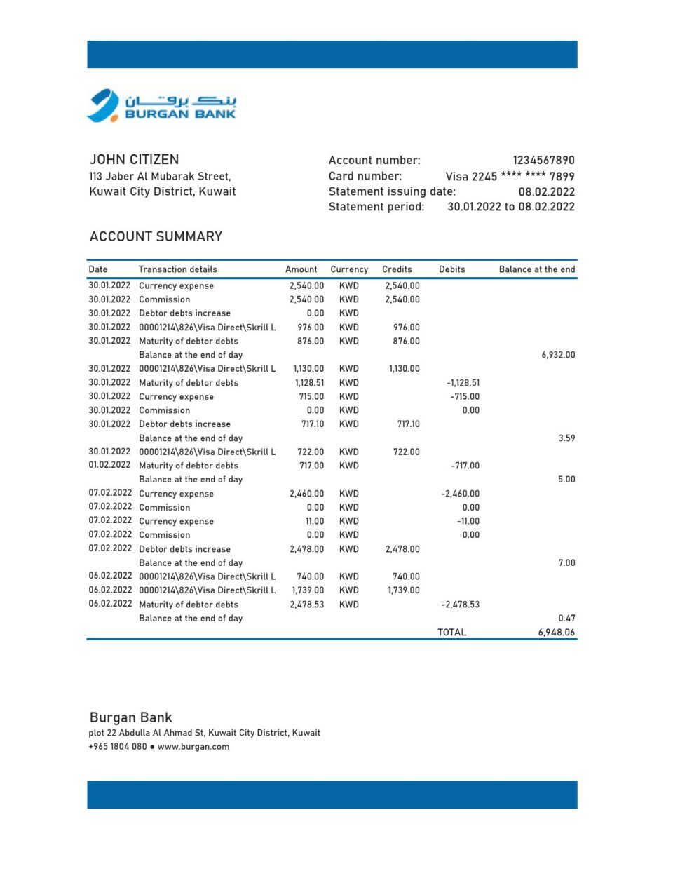 Kuwait Burgan bank statement Excel and PDF template