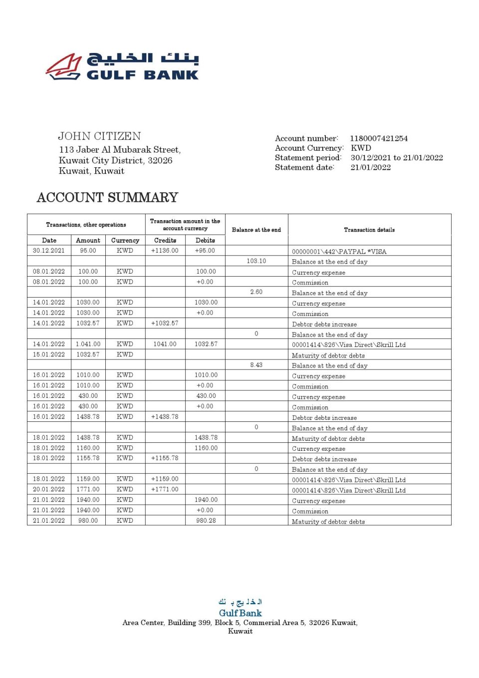 Kuwait Gulf Bank statement template in Word and PDF format