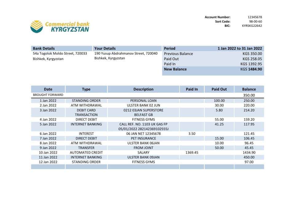 Kyrgyzstan Commercial Bank statement template in Word and PDF format