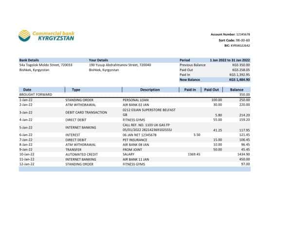 Kyrgyzstan Commercial bank statement Excel and PDF template