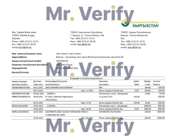 Kyrgyzstan Kirgizbank bank statement easy to fill template in Excel and PDF format