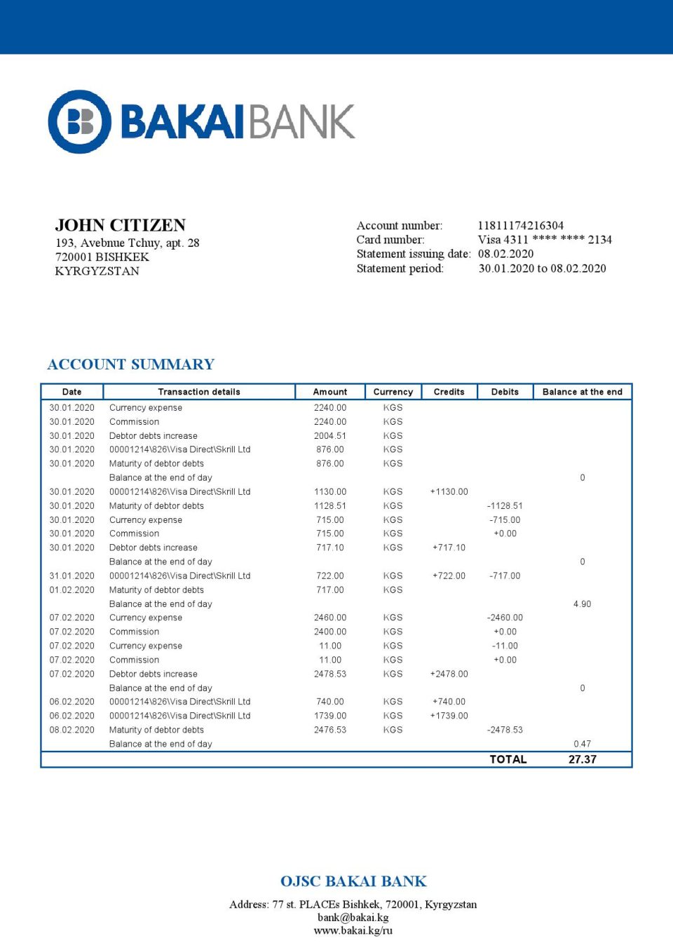 Kyrgyzstan OJSC Bakai Bank proof of address bank statement template in Word and PDF format