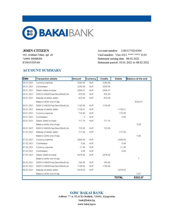 Kyrgyzstan OJSC Bakai Bank statement easy to fill template in Excel and PDF format