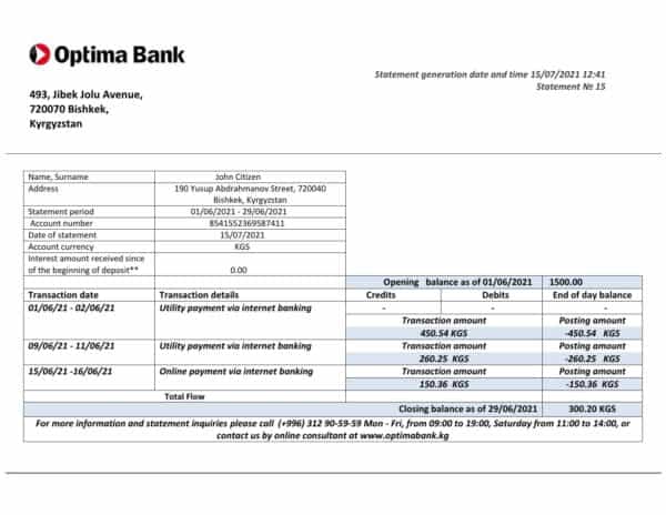Kyrgyzstan Optima Bank statement template in Word and PDF format