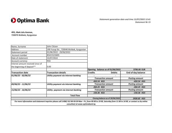 Kyrgyzstan Optima bank statement Excel and PDF template