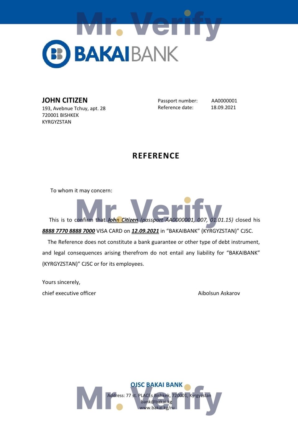 Kyrgyzstan OJSC Bakai Bank bank account closure reference letter template in Word and PDF format