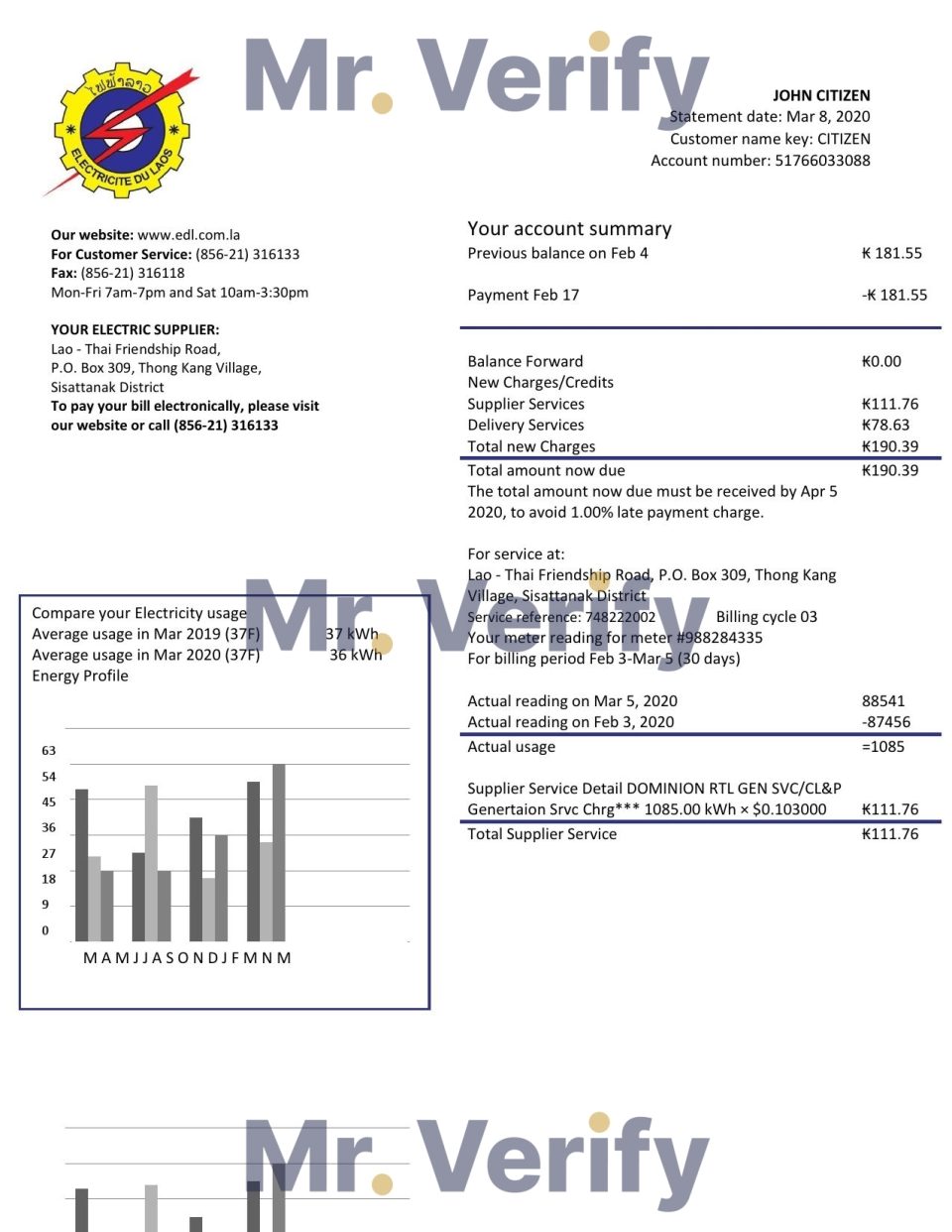 Laos Electricite du Laos electricity utility bill template in Word and PDF format