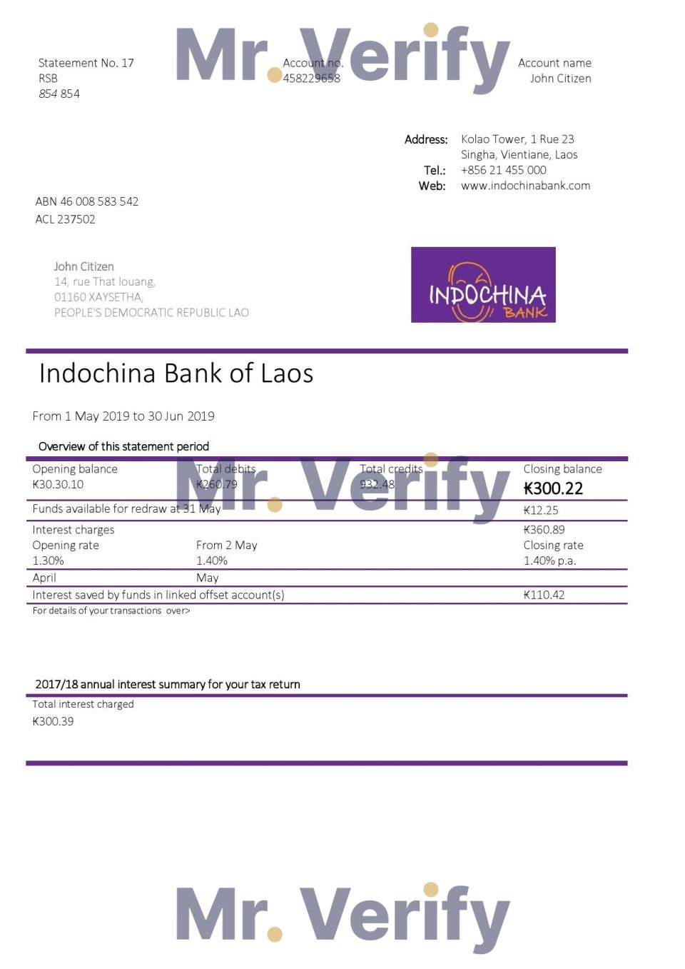 Laos Indochina Bank statement template in Word and PDF format