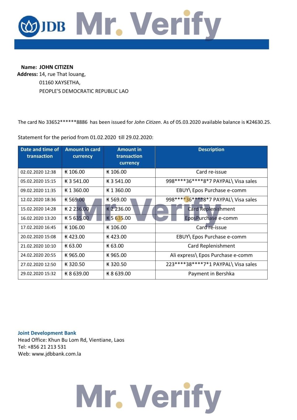 Laos Joint Development Bank (JDB) proof of address bank statement template in Word and PDF format