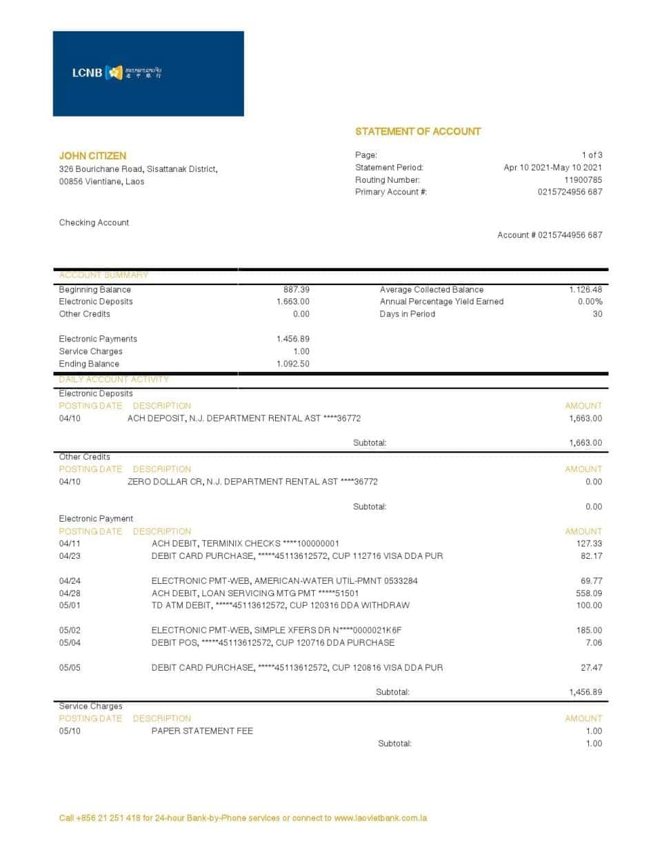 Laos LCNB Bank statement template in Word and PDF format