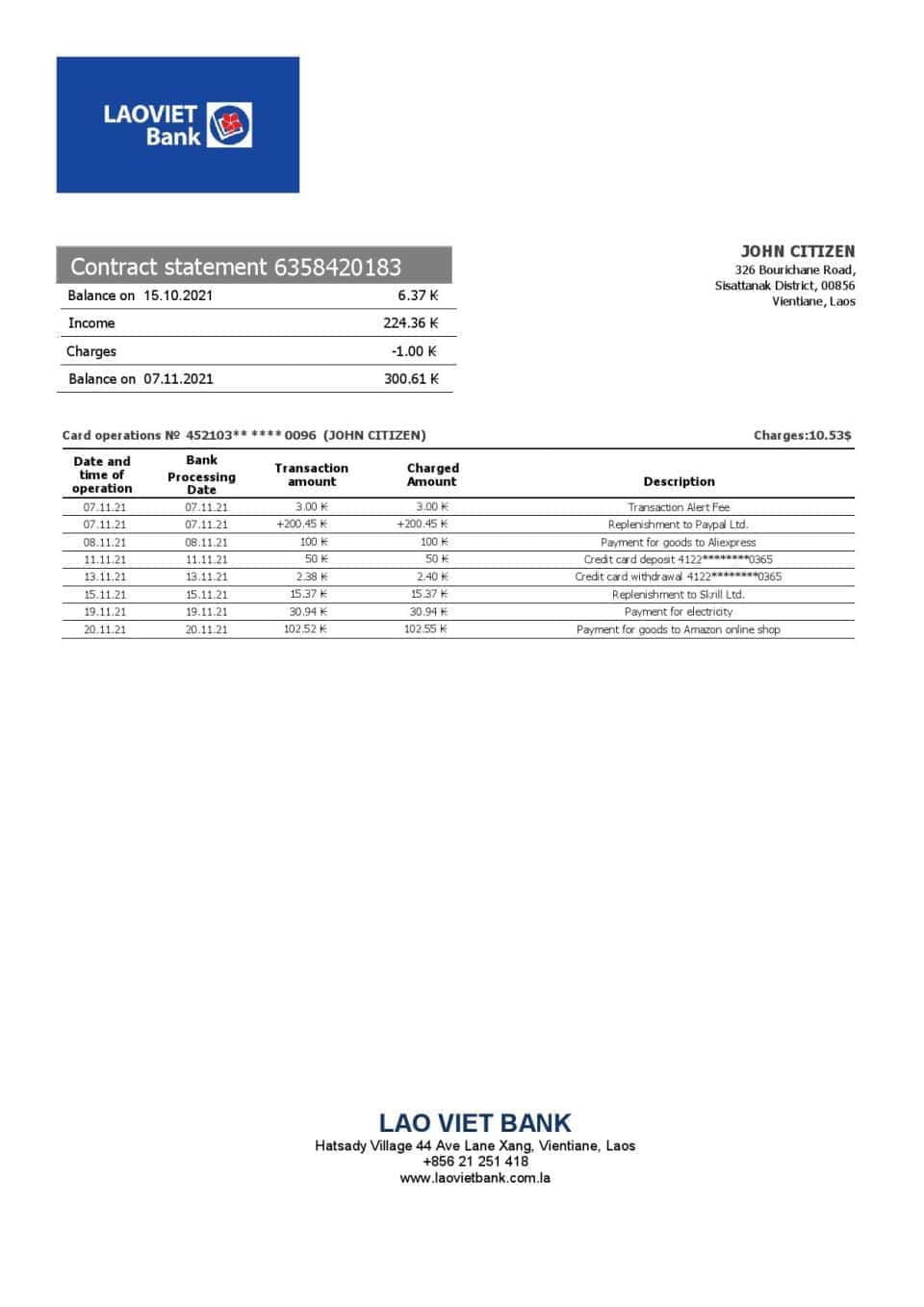 Laos Lao Viet Bank statement template in Word and PDF format