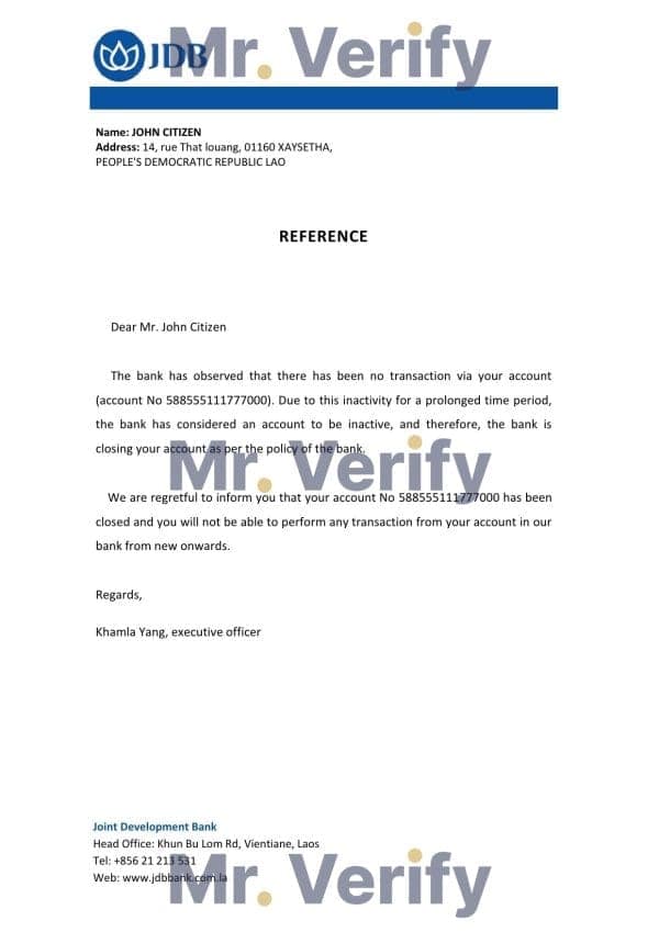 Download Laos Joint Development Bank Reference Letter Templates | Editable Word