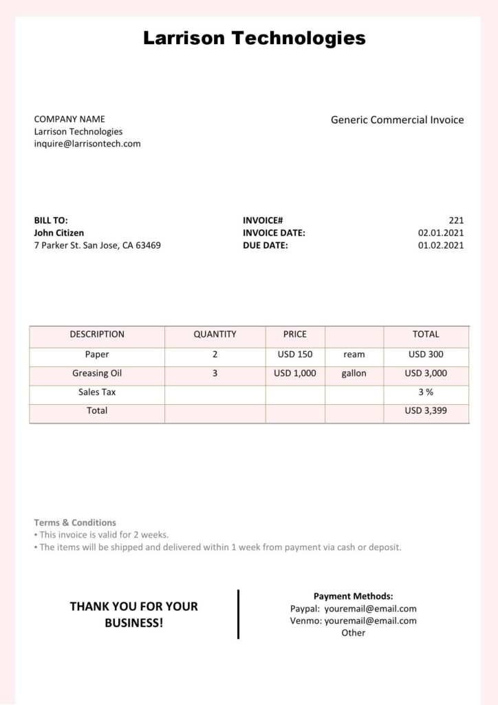 High-Quality USA Larrison Technologies Invoice Template PDF | Fully Editable