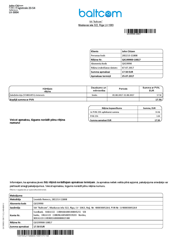 Latvia Baltcom telecommunications utility bill template in Word and PDF format (Latvian version)