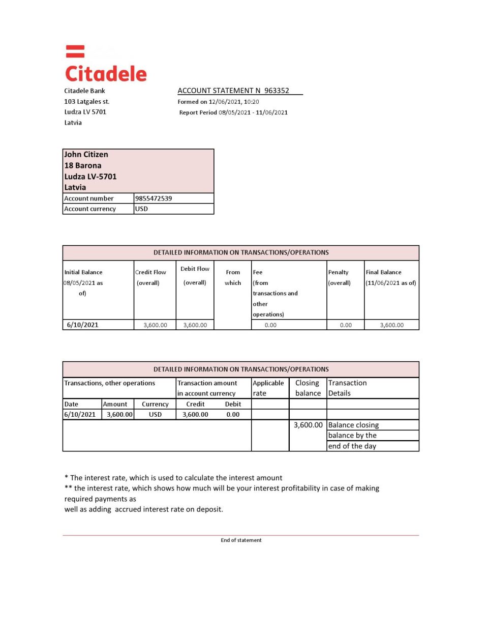 Latvia Citadele bank statement template in Excel and PDF format