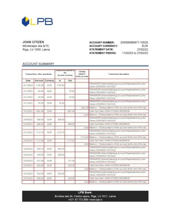 Latvia LPB bank statement Excel and PDF template