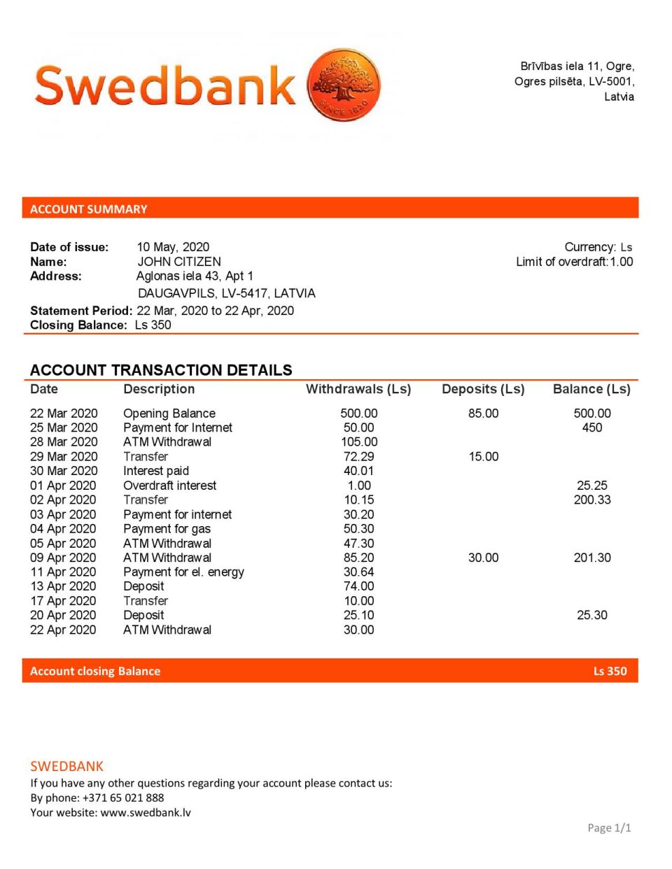 Latvia Swedbank bank statement template, Word and PDF format (.doc and .pdf)