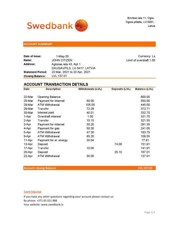 Latvia Swedbank bank statement easy to fill template in .xls and .pdf file format