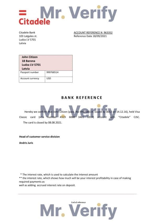 Download Latvia Citadele Bank Reference Letter Templates | Editable Word