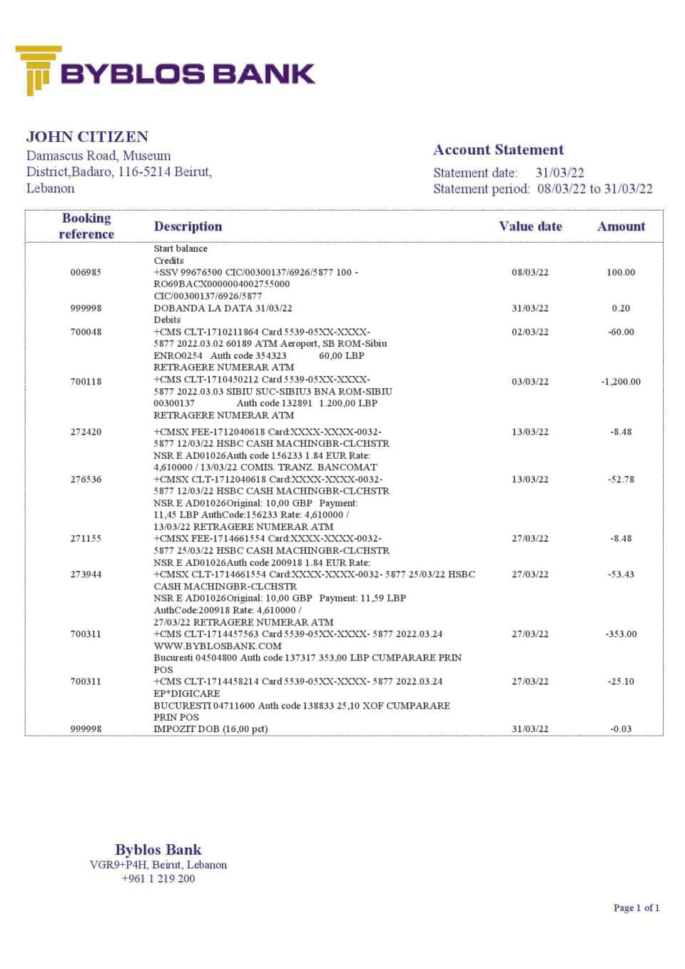 Lebanon Byblos Bank statement template in Word and PDF format