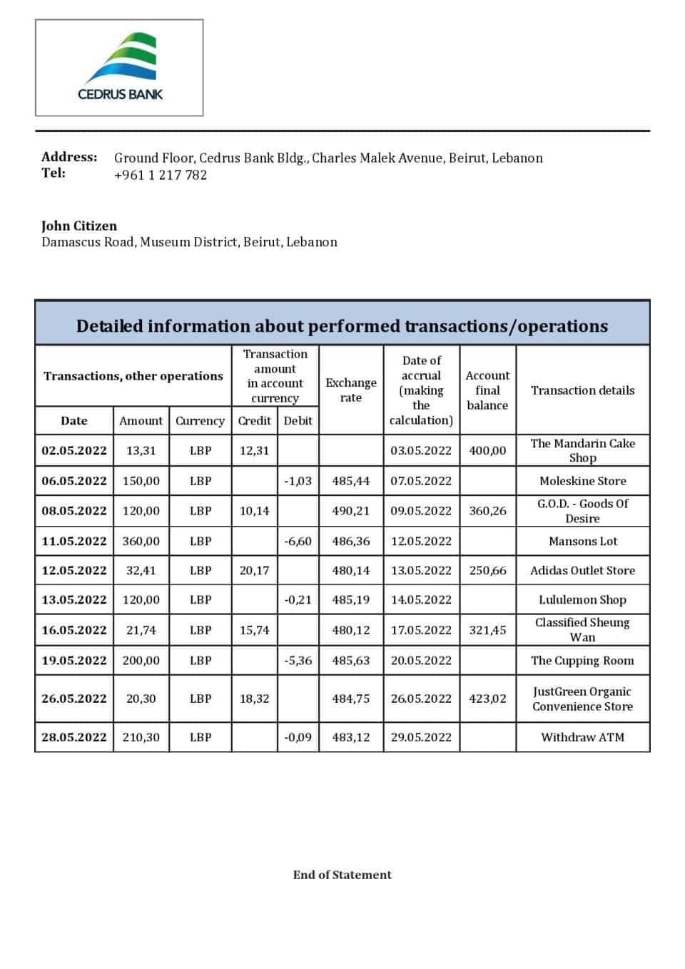 Lebanon Cedrus Bank statement template in Word and PDF format