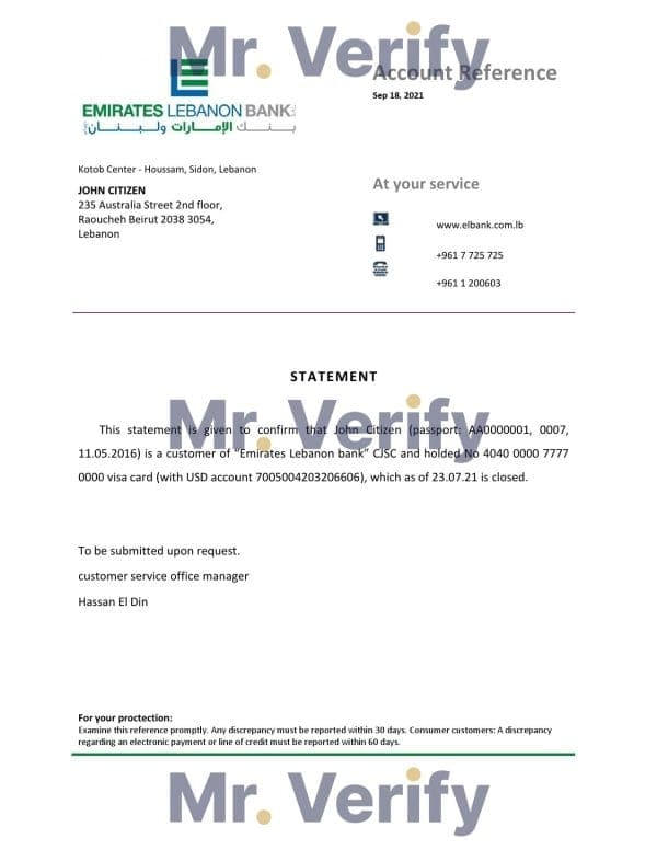 Download Lebanon Emirates Lebanon Bank Reference Letter Templates | Editable Word