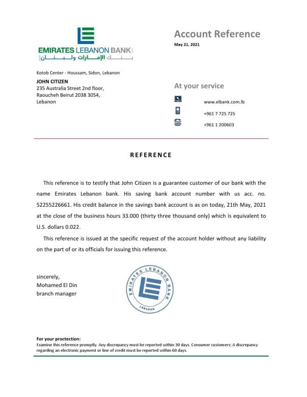 Download Lebanon Emirates Lebanon Bank Reference Letter Templates | Editable Word