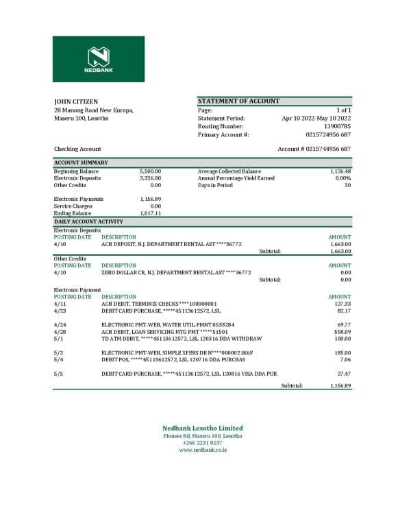 Lesotho Nedbaank bank statement Excel and PDF template