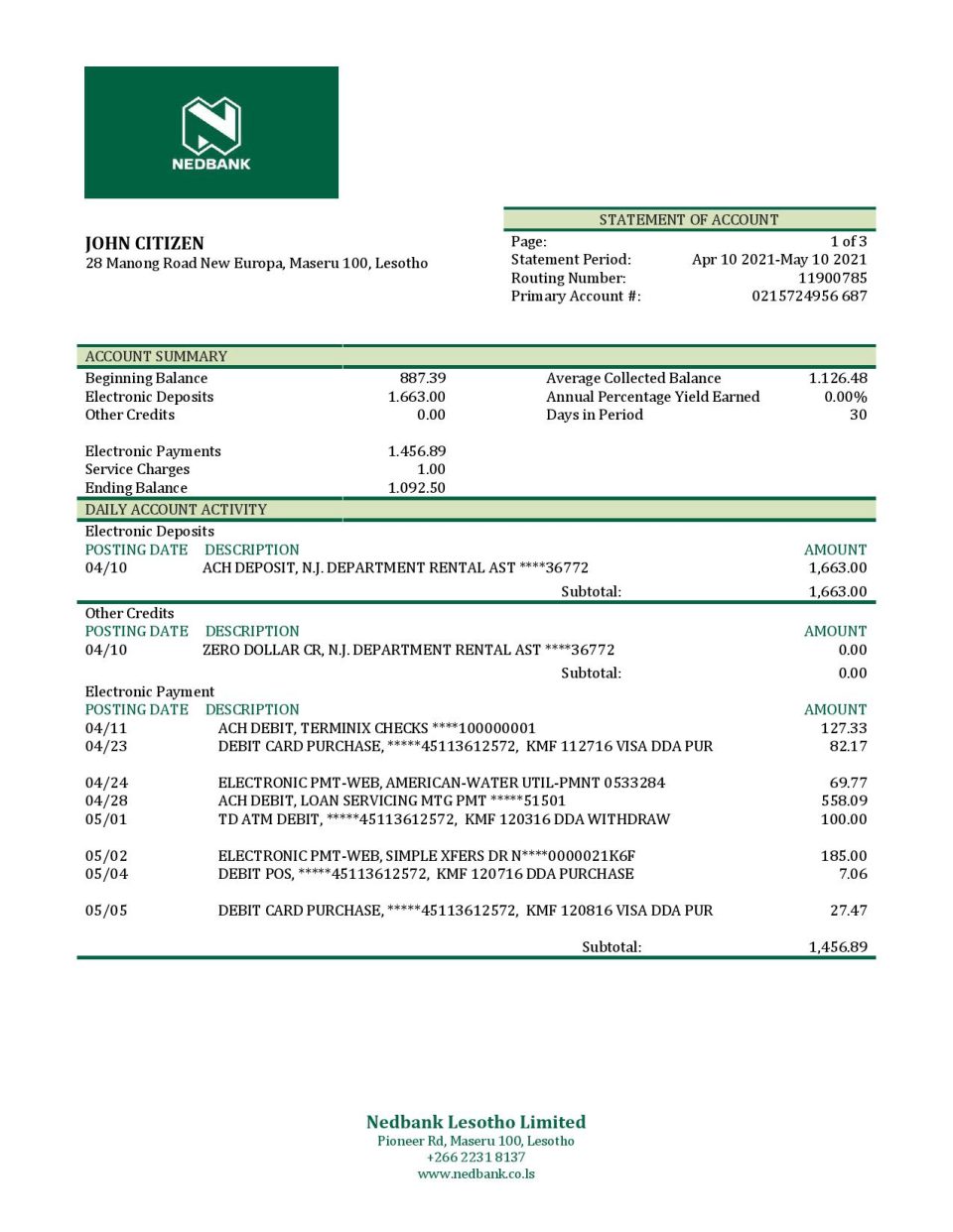Lesotho Nedbank bank statement template in Word and PDF format