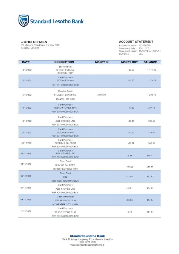 Lesotho Standard Lesotho Bank statement template in Word and PDF format