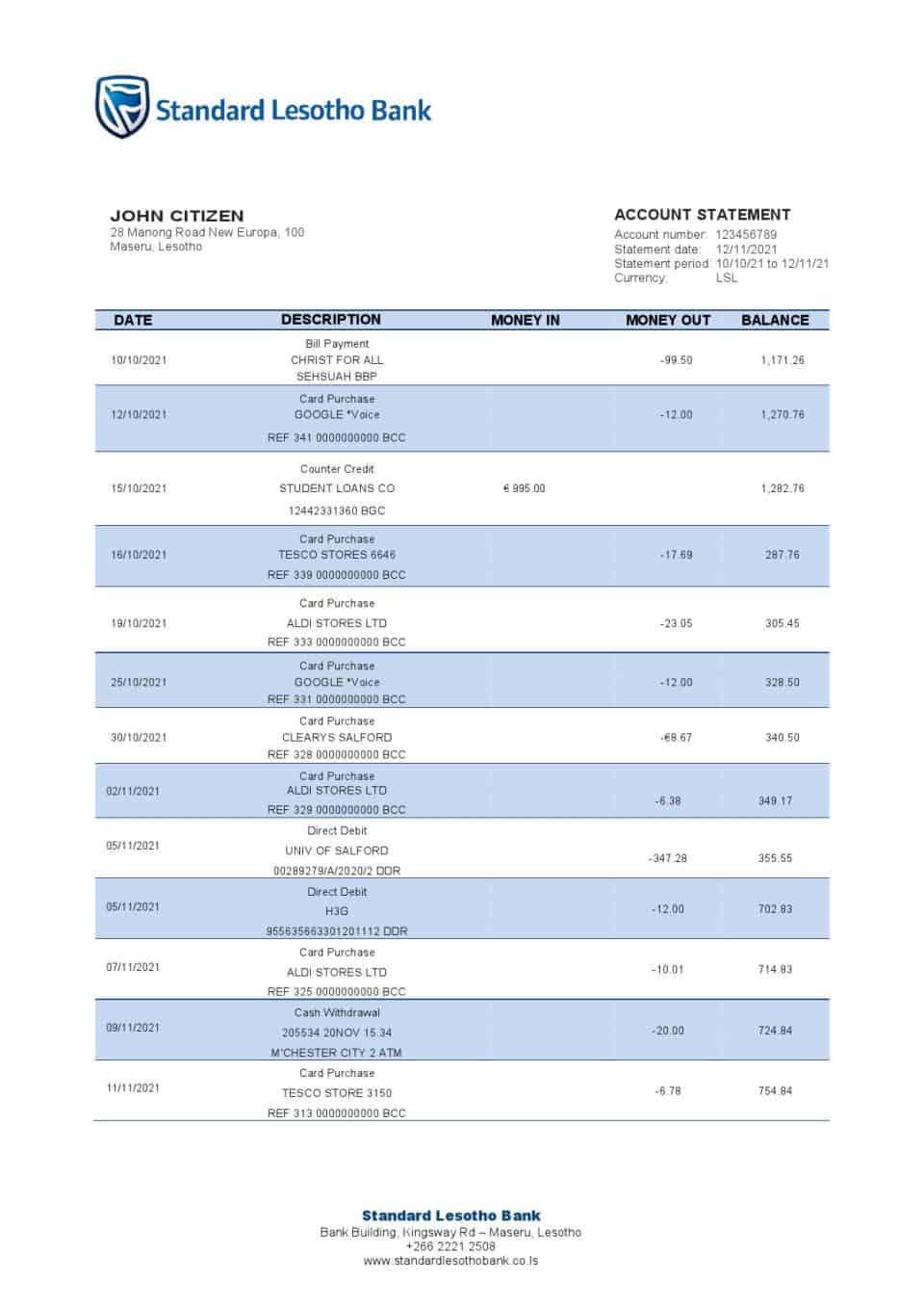 Lesotho Standard Lesotho Bank statement template in Word and PDF format