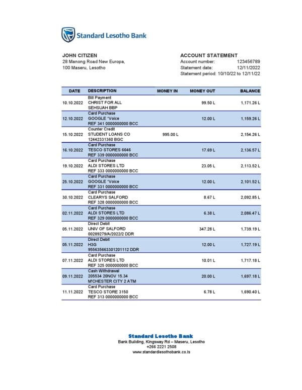 Lesotho Standard Lesotho Bank statement Excel and PDF template