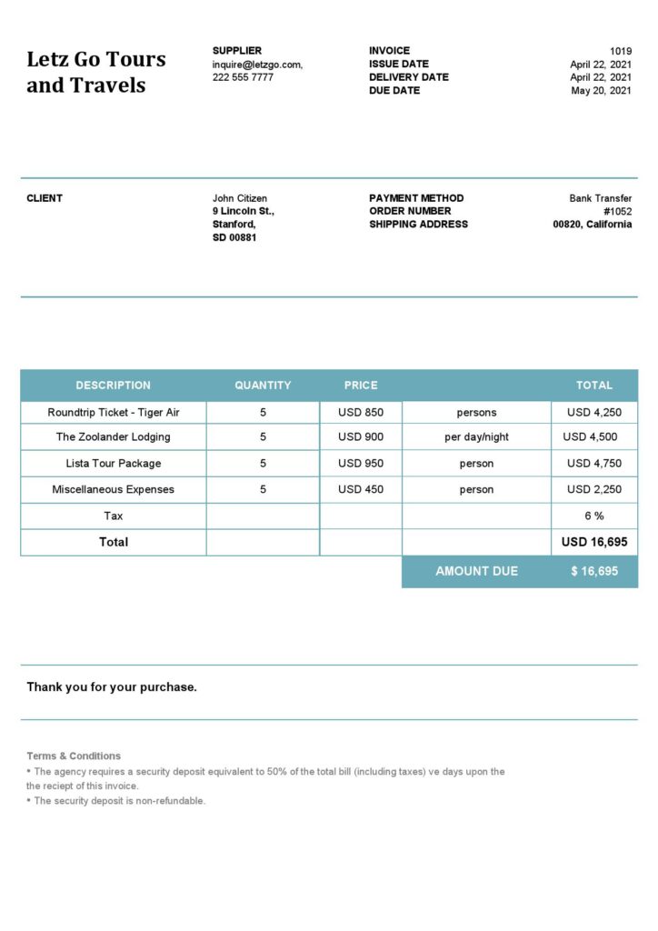 High-Quality USA Letz Go Tours and Travels Invoice Template PDF | Fully Editable