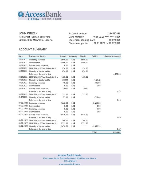 Liberia Access Bank statement Excel and PDF template