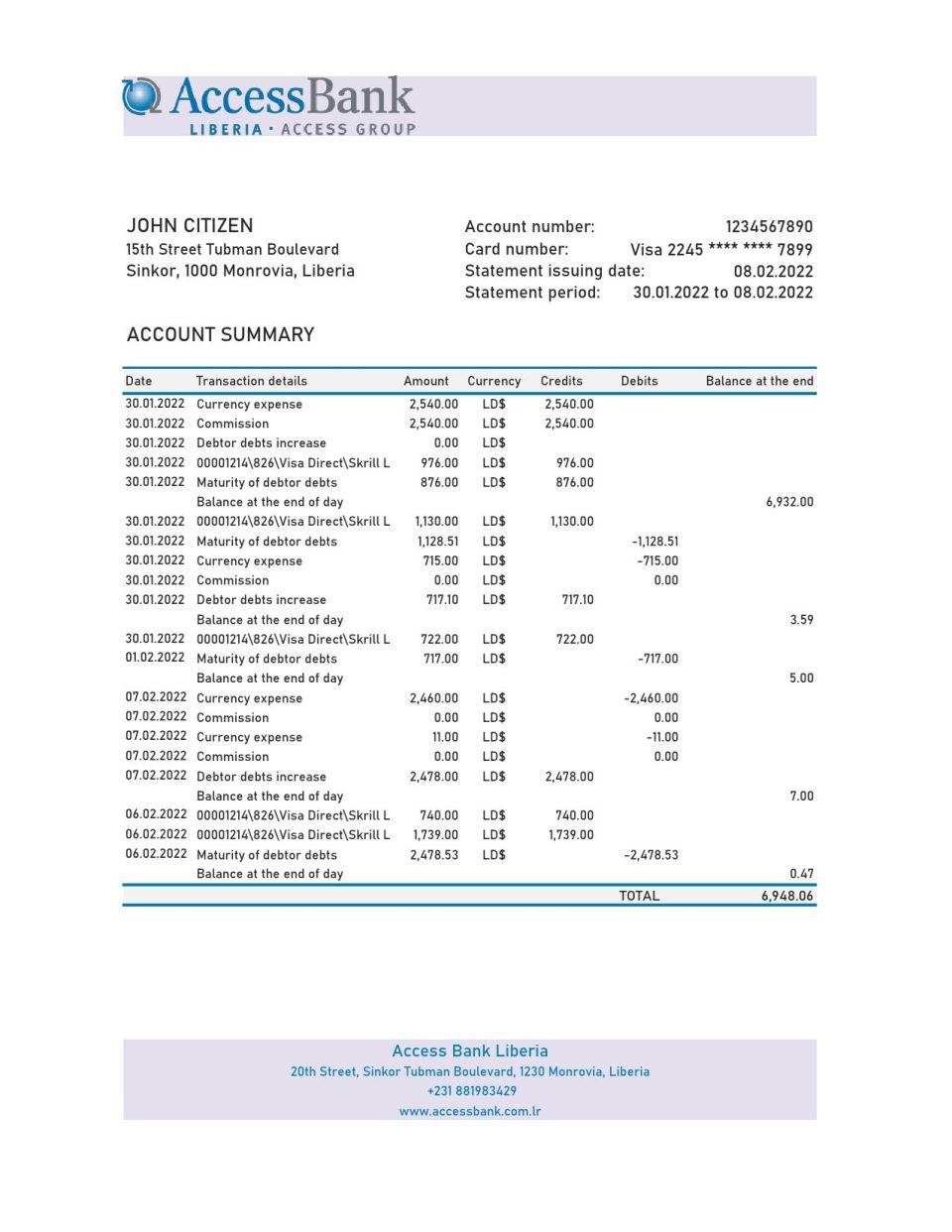 Liberia Access Bank statement Excel and PDF template