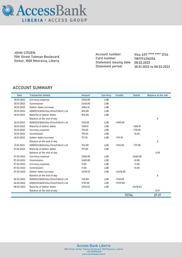 Liberia Access Bank statement template in Word and PDF format