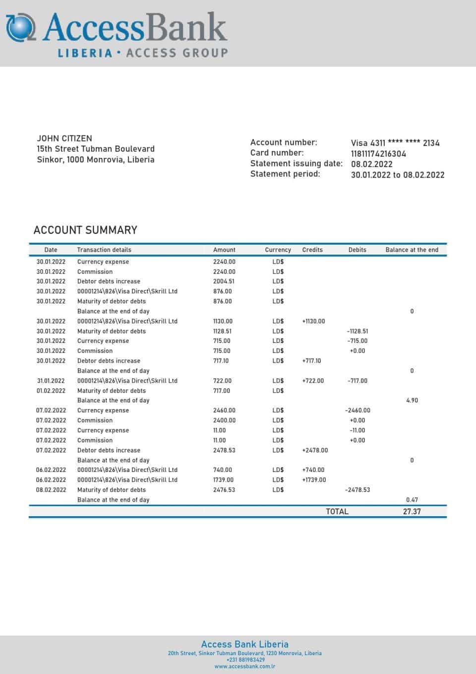 Liberia Access Bank statement template in Word and PDF format