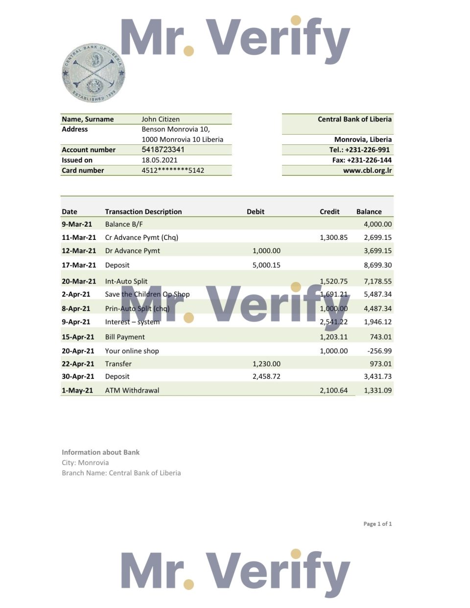 Liberia Central Bank of Liberia bank statement easy to fill template in .xls and .pdf file format