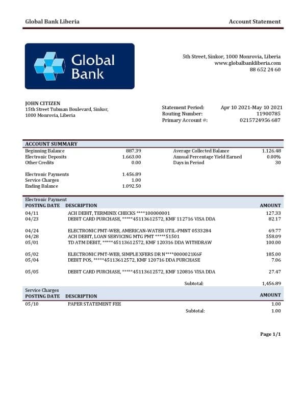 Liberia Global Bank statement template in Word and PDF format