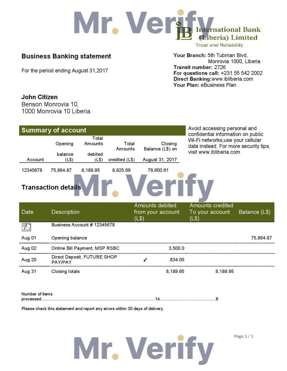 Liberia IB International Bank proof of address statement template in Word and PDF format