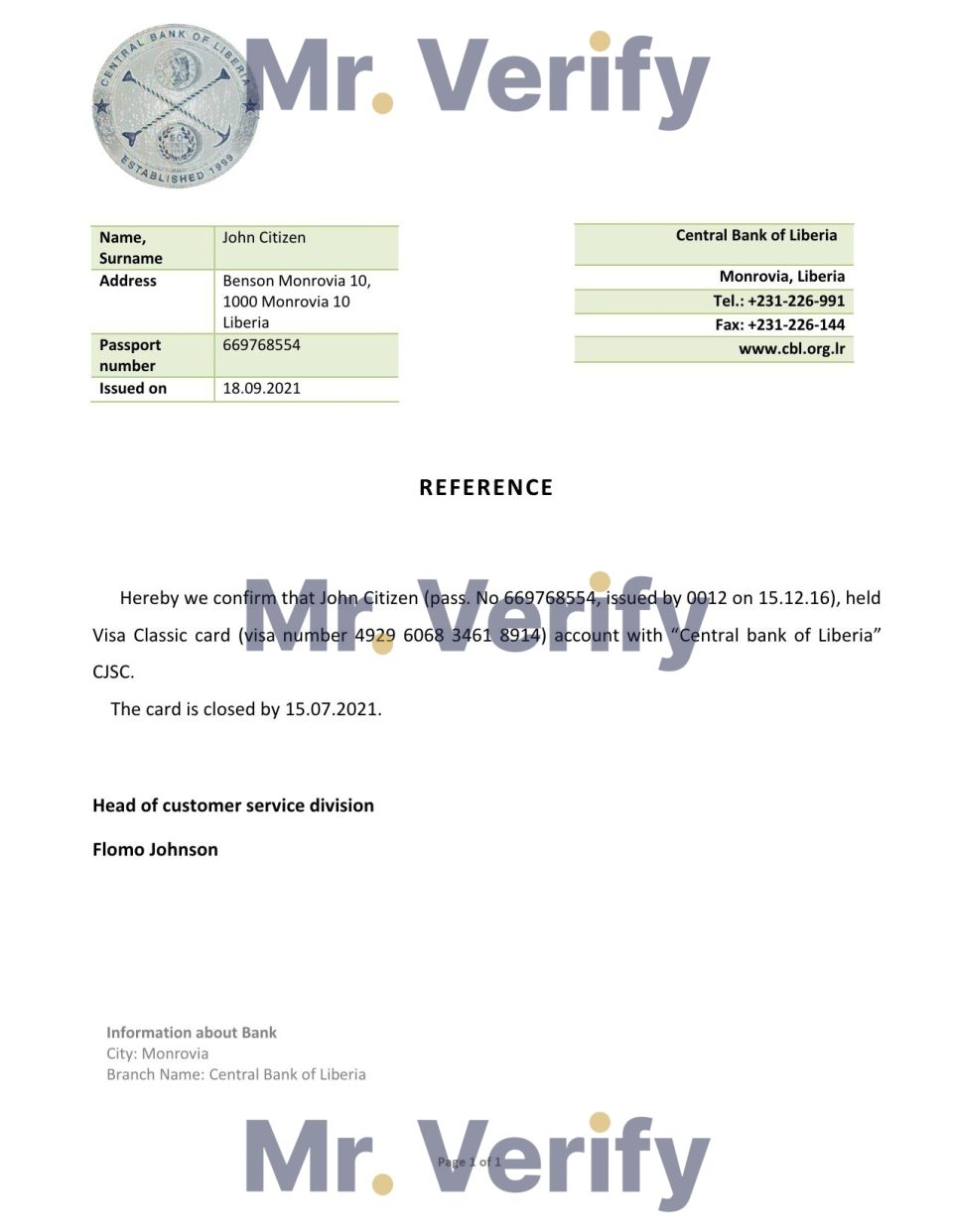 Download Liberia Central Bank Reference Letter Templates | Editable Word