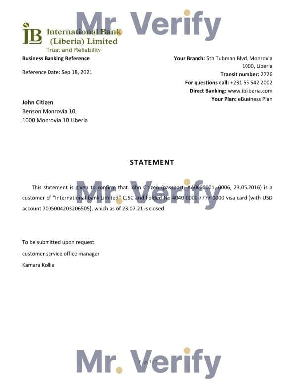 Download Liberia International Bank Reference Letter Templates | Editable Word