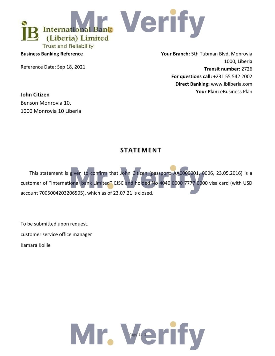 Download Liberia International Bank Reference Letter Templates | Editable Word