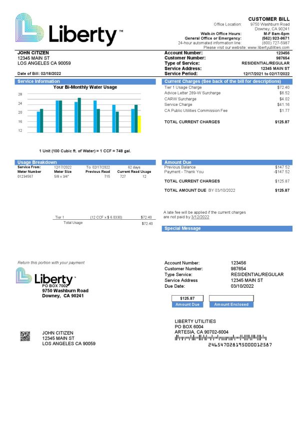 USA California Liberty Utilities utility bill template in Word and PDF format