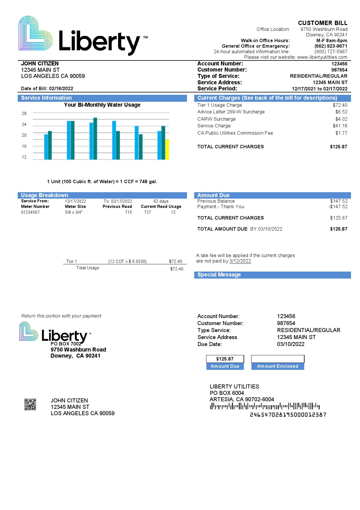 USA California Liberty Utilities utility bill template in Word and PDF format