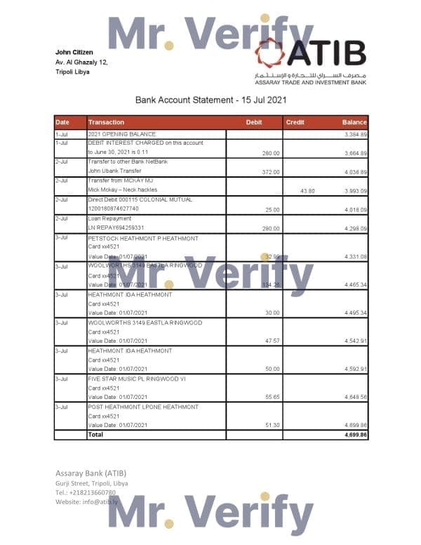 Libya Assaray Bank (ATIB) statement easy to fill template in Excel and PDF format