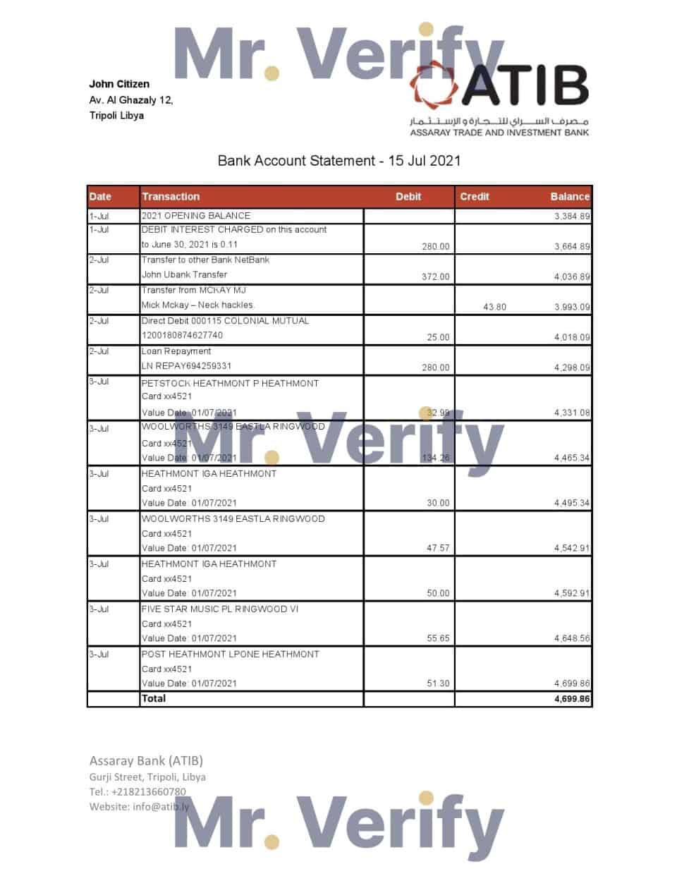 Libya Assaray Bank (ATIB) statement easy to fill template in Excel and PDF format