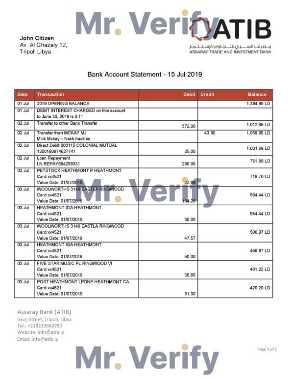 Libya Assaray (ATIB) bank statement easy to fill template in Word and PDF format