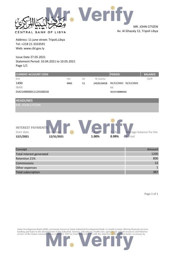 Libya Central Bank of Libya proof of address bank statement template in Excel and PDF format (.xls and .pdf)
