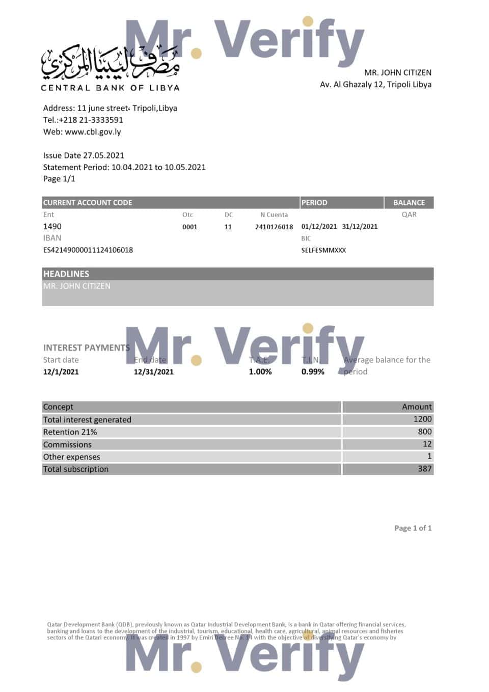 Libya Central Bank of Libya proof of address bank statement template in Excel and PDF format (.xls and .pdf)